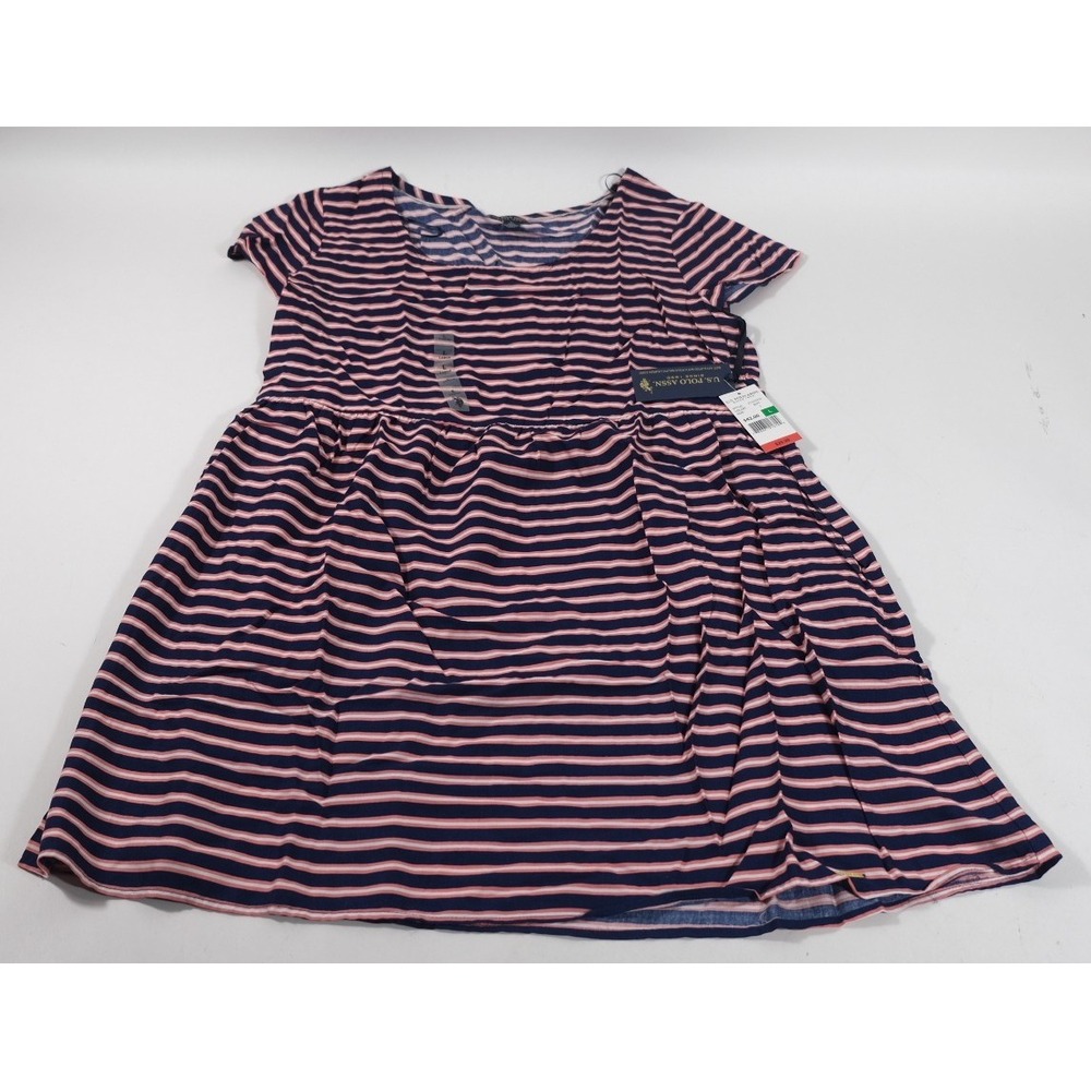 U.S. Polo Assn. Dress Women Large Blue Pink 213237Y0 Striped Empire Waist Rayon